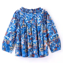 Hugsntugs Full Sleeve Seamless Flowers Printed & Swiss Dobby Work Detailed Ruffled Top - Blue image 3