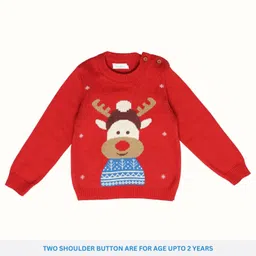 kids of greendeer Greendeer 100% Cotton Christmas Theme Full Sleeves Reindeer Designed Sweater & Pant With Cap Set - Red & Creme image 3