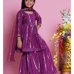 Little Bansi Three Fourth Sleeves Silver Striped Coordinating Kurta Sharara With Dupatta - Purple image 4