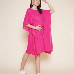 Mine4Nine Rayon Woven Half Batwing Sleeves Solid Maternity Kaftan Dress With Nursing Access - Pink image 5