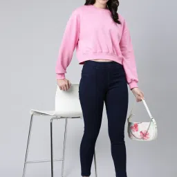showoffff SHOWOFF Pink Self Design Crop Sweatshirt image 5