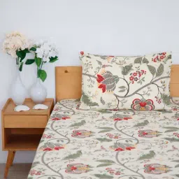 Ariana Green & Beige Cotton 144 TC Single Bedsheet With 1 Pillow Cover-image-96