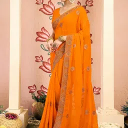 Satrani Orange Georgette Embroidered Saree With Unstitched Blouse image 5