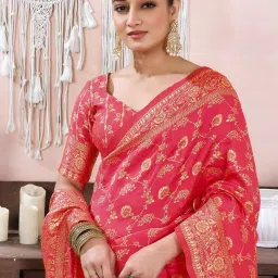 Satrani Pink Silk Blend Woven Saree With Unstitched Blouse image 5