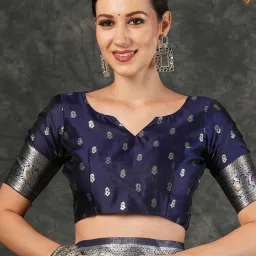 Satrani Navy Blue Silk Woven Saree With Unstitched Blouse image 5