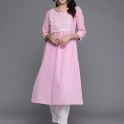 Indo Era Pink Cotton Printed A Line Kurta-image-6