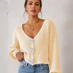 Blooming Tales Women Ribbed Full Sleeves V Neck Crop Cardigan Sweaters-image-93
