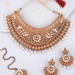 Anouk Mendi Gold-Polished White Kundan & Pearl Studded Choker Necklace Set-picture-39