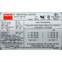 DAYTON 1-1/2 HP Three Phase Rigid Base Mount General Purpose Motor, 2MXT6 image 3