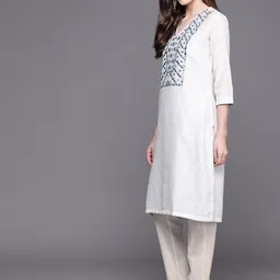 Biba Women Off-White & Blue Yoke Design Kurta with Trousers & Dupatta image 5