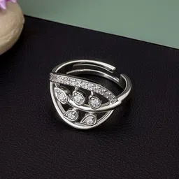 PRIVIU Rhodium Plated & American Diamonds Studded Leaf Shaped Ring-image-86