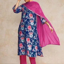 Varanga Floral Printed Gotta Patti V-Neck A-Line Kurta With Trousers & Dupatta image 4