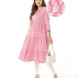 Bella Mama Woven Three Fourth Sleeves Maternity Dress with Pocket Floral Print - Pink-image-72