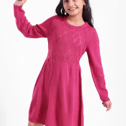 Hola Bonita Full Sleeves Diamond Pattern Pointelle Knit Sweater Dress - Pink-image-3