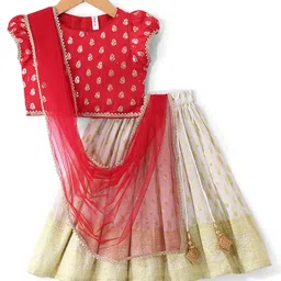 babyhug Bbayhug Woven Half Sleeves Brocade Choli & Lehenga Set with Lace Border Dupatta - Red & Off White-picture-14
