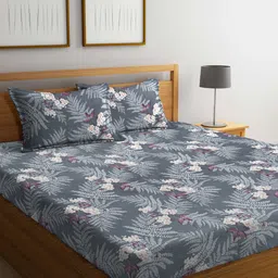 FABINALIV Grey Floral 300 TC Cotton Blend Super King Size Double Bedsheet with 2 Pillow Covers-image-40
