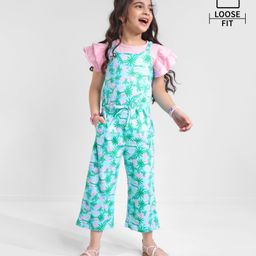 Ollington St. 100% Cotton Woven Floral Printed Dungaree & Frill Half Sleeves T-Shirt- Pink & Blue-picture-24