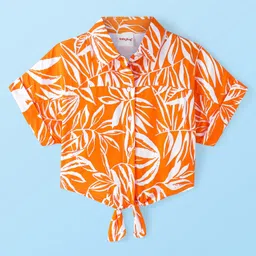 Babyhug Rayon Woven Front Open Half Sleeves Top with Knot Detailing & Abstract Print - Orange-picture-12