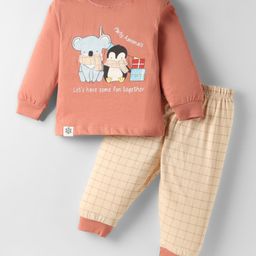 CUCUMBER Sinker Knit Full Sleeves T-Shirt & Lounge Pant with Animal Print & Checks - Light Red-image-65