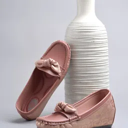 Shoetopia Bow Applique Detailed & Textured Slip On Loafers - Peach-picture-20