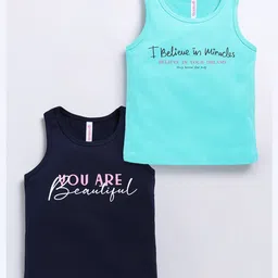 giniekids Cotton Knit Pack Of 2 Sleeveless Typography Printed Tops - Mint & Navy Blue-picture-24