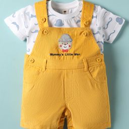 ToffyHouse Corduroy Woven Half Sleeves T-Shirt & Dungaree With Animal Embroidery & Moustache Print - Yellow & White-image-53