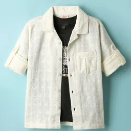 Rikidoos Full Sleeves Textured Shirt & Typography Printed Tee Set - Off White & Black-picture-32