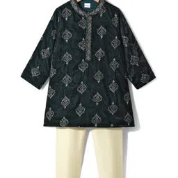 Babyhug Velvet Woven Full Sleeves Kurta Pyjama Set with Floral Embroidery - Dark Green-picture-26