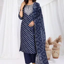 DIVASTRI Striped Thread Work Pure Cotton Straight Kurta with Trousers & Dupatta-image-24