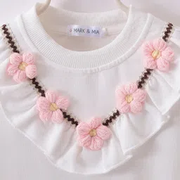 Mark & Mia Cotton Full Sleeves Tops & Joggers Set With Floral Applique & Frill Detailing - Pink & White image 3