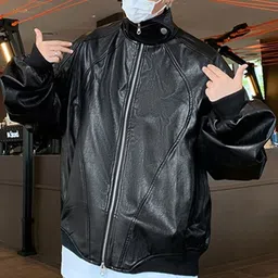 HERE&NOW Men Spread Collar Solid Leather Casual Leather Jacket image 3