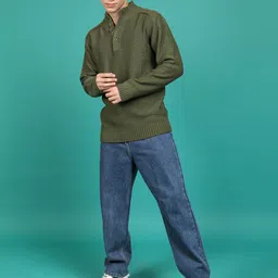 highlander Men Solid High Neck Green Sweater image 3