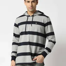 Dragon Hill Grey Slim Fit Striped Hooded Sweatshirt-image-50
