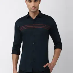 V Dot Navy Blue Skinny Fit Striped Shirt-image-26