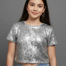 TeenTrums Girls Silver Sequenced Crop Top-image-76