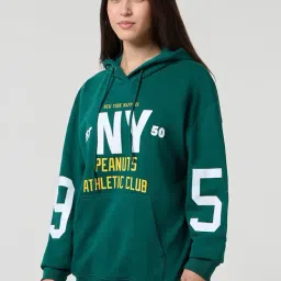 Bewakoof Official Peanuts Women's Green Typography Oversized Hoodies image 3