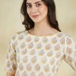 Fabindia Off White Cotton Regular Fit Printed Kurta image 5