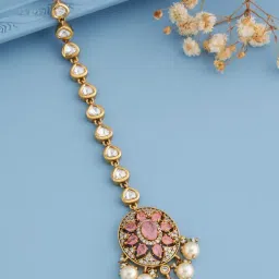 Kushal's Fashion Jewellery Pink Victorian Polished Kundan Tikka For women-image-89