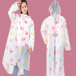 Babyhug Full Sleeves Calf Length Hooded Raincoat Sea Life Print - Multicolor-image-34