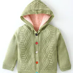 Yellow Apple Knitted Full Sleeves Hooded Sweatjacket With Cable Knit Design - Light Green-picture-21