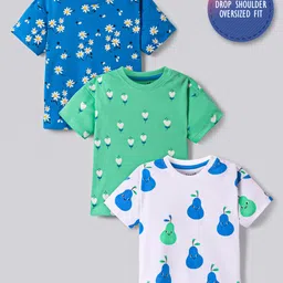 Bonfino Cotton Knit Half Sleeves T-Shirt with Floral Print Pack of 3 - Blue Green & White-picture-21