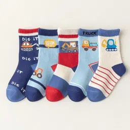 Kidofash Cotton Pack Of 5 Striped & Construction Vehicles Designed Socks - Sky Blue-picture-16