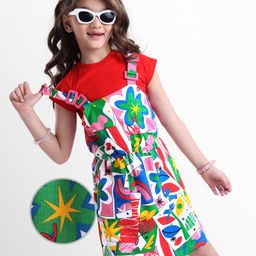 OLLINGTON ST. Cotton Knit Half Sleeves Top & Floral Print Knit Pinafore - Red & White-picture-28