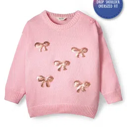 Bonfino 100% Cotton Knit Full Sleeve Pullover Sweater with Sequins Bow Embroidery- Pink-picture-18