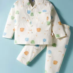 Teddy Sinker Knit Full Sleeves Co-ords Night Suit With Bear Print - Beige-picture-10