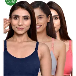 Inner Sense Organic Cotton Pack of 3 Knitted Solid Antimicrobial Women Feeding Bras - Multi Color-image-59