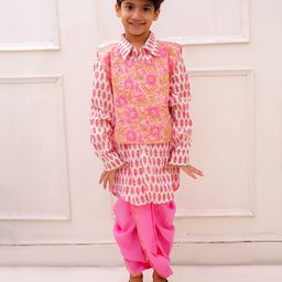 Twisha Cotton Woven Full Sleeves Floral Printed Dhoti Kurta With Jacket Set - Peach & White-picture-16