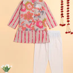 The Magic Wand Cotton Woven Full Sleeves Striped Kurta Pyjama With Floral Printed Jacket Set - Beige & Pink-picture-39
