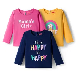 Babyhug 100% Cotton Knit Full Sleeves T-Shirts with Mamas Girl Text Print Pack of 3 - Pink Navy Blue & Yellow-picture-23
