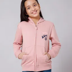 ALAN JONES Cotton Blend Knit Full Sleeves Wave Of Love Text Printed Light Winter Hooded Sweatjacket - Dusty Pink-picture-12